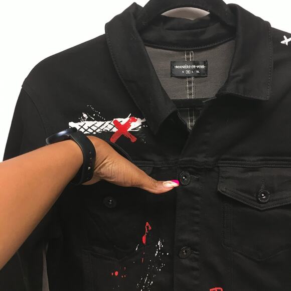 Maniere De Voir Mens Black Gray 2 Pc Set Denim Jacket M Graffiti Skinny Jeans 34 - Picture 5 of 16